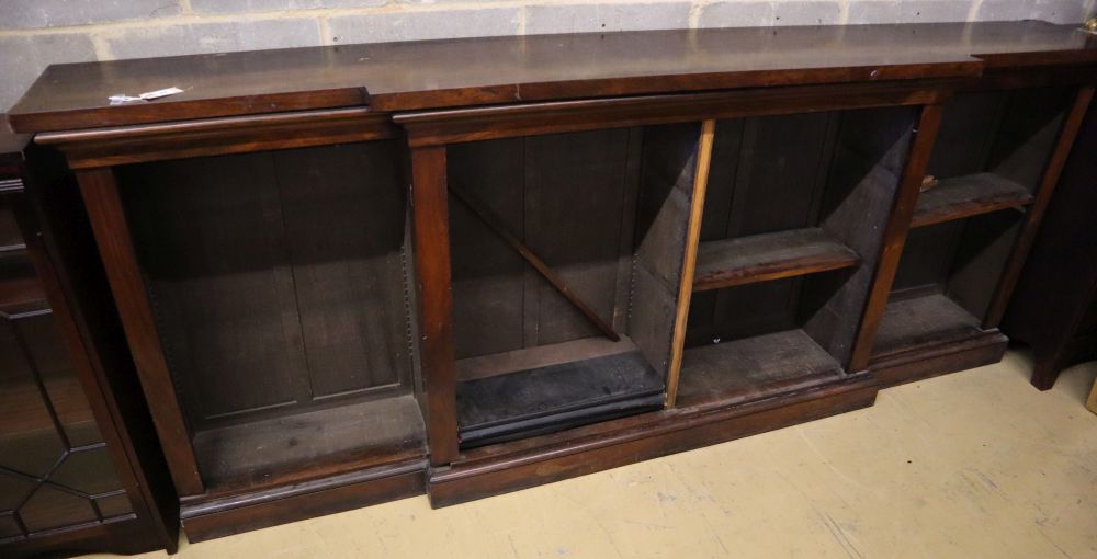 A Victorian rosewood breakfront open bookcase, width 264cm, depth 40cm, height 107cm